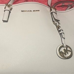Michael Kors White Saffiano Leather Tote with Gold MK Charm